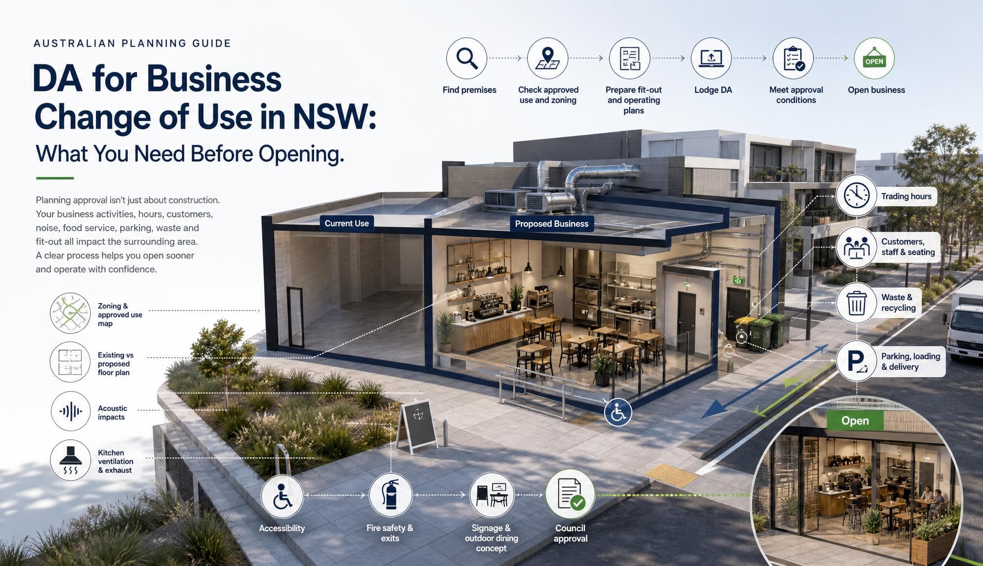 Infographic titled 'DA for Business Change of Use in NSW: What You Need Before Opening' — a cutaway view of a suburban tenancy showing the empty 'Current Use' shell on the left and a fitted-out 'Proposed Business' café interior on the right, complete with commercial kitchen, exhaust ductwork rising to a rooftop plant enclosure, seating, waste bins, disabled access ramp and outdoor dining. Overlaid callout icons connect to Trading hours, Customers, staff & seating, Waste & recycling and Parking, loading & delivery on the right. Along the top a six-step process runs from Find premises → Check approved use and zoning → Prepare fit-out and operating plans → Lodge DA → Meet approval conditions → Open business. On the left, four smaller icons highlight Zoning & approved use map, Existing vs proposed floor plan, Acoustic impacts and Kitchen ventilation & exhaust. Along the bottom, four badges show Accessibility, Fire safety & exits, Signage & outdoor dining concept and a green tick for Council approval. Bottom-right inset shows the finished café with an 'Open' sign and patrons seated inside.