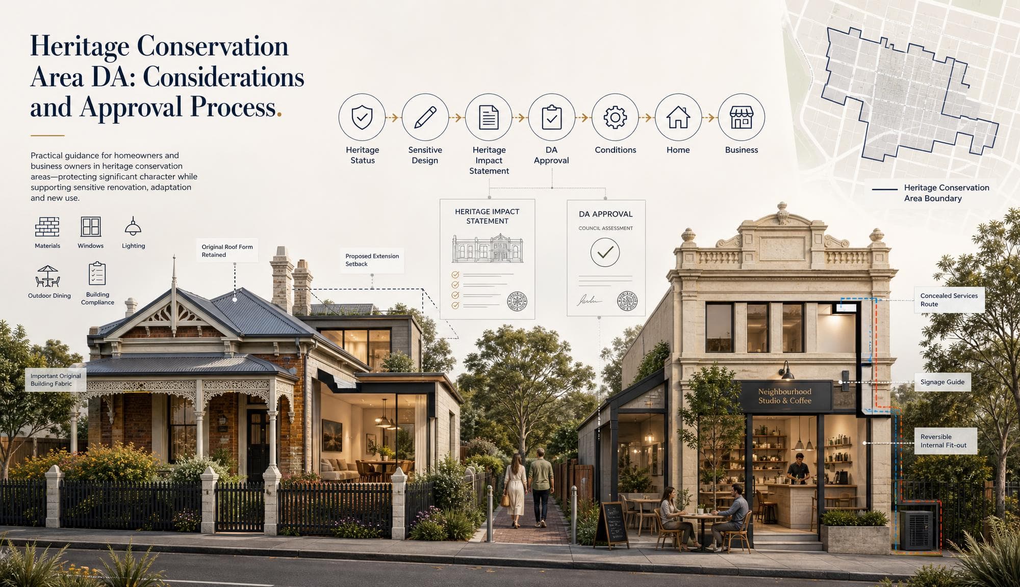 Infographic titled 'Heritage Conservation Area DA: Considerations and Approval Process' — a wide streetscape shows two adjoining properties in a NSW conservation area. On the left, a Victorian brick home with iron lace veranda and original picket fence has a modern rear extension setback behind the original roofline (labelled 'Original Roof Form Retained' and 'Proposed Extension Setback') and callouts for Materials, Windows, Lighting, Outdoor Dining and Building Compliance. Two floating cards show a 'Heritage Impact Statement' with a facade sketch and stamped ticks, and a signed 'DA Approval — Council Assessment' certificate. On the right, a two-storey heritage stone commercial building has been converted into 'Neighbourhood Studio & Coffee' with concealed services route, reversible internal fit-out, alfresco seating and a discreet fascia sign. A seven-step process runs across the top — Heritage Status → Sensitive Design → Heritage Impact Statement → DA Approval → Conditions → Home → Business — and a small conservation-area boundary map sits in the top right corner.