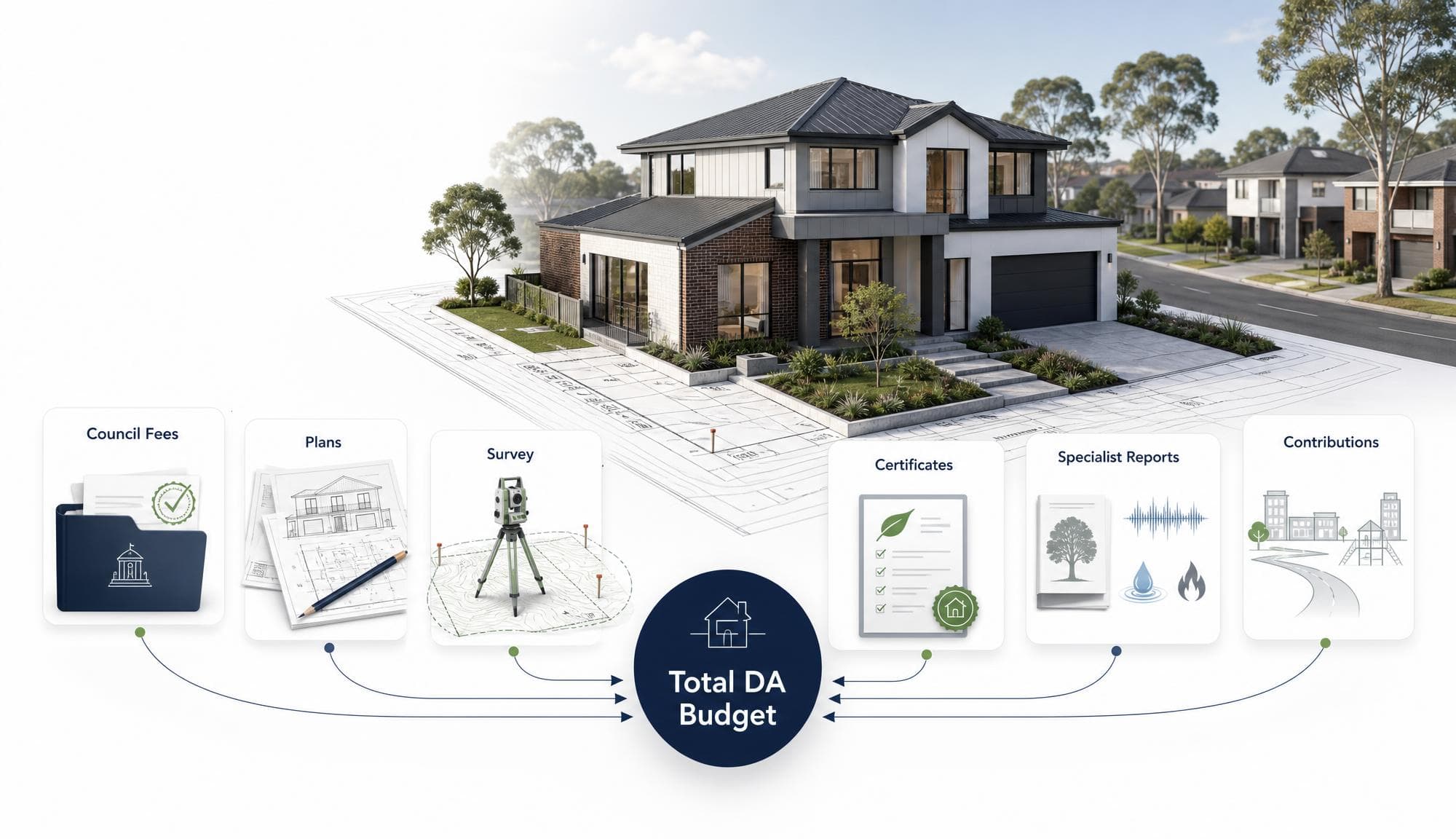 Infographic titled 'What Goes Into Your Total DA Budget in NSW' — a modern two-storey Australian home sits on top of overlaid architectural site plans, with six labelled cost cards arranged below feeding into a central navy circle marked 'Total DA Budget': Council Fees (folder with stamp and council building icon), Plans (architectural elevation drawings with pencil), Survey (surveyor's tripod on a topographic outline), Certificates (BASIX-style checklist with green leaf), Specialist Reports (report with tree, acoustic wave, water drop and flame icons for arborist, acoustic, flood and bushfire), and Contributions (road curving into a small streetscape of townhouses and a playground representing Section 7.11 developer contributions).