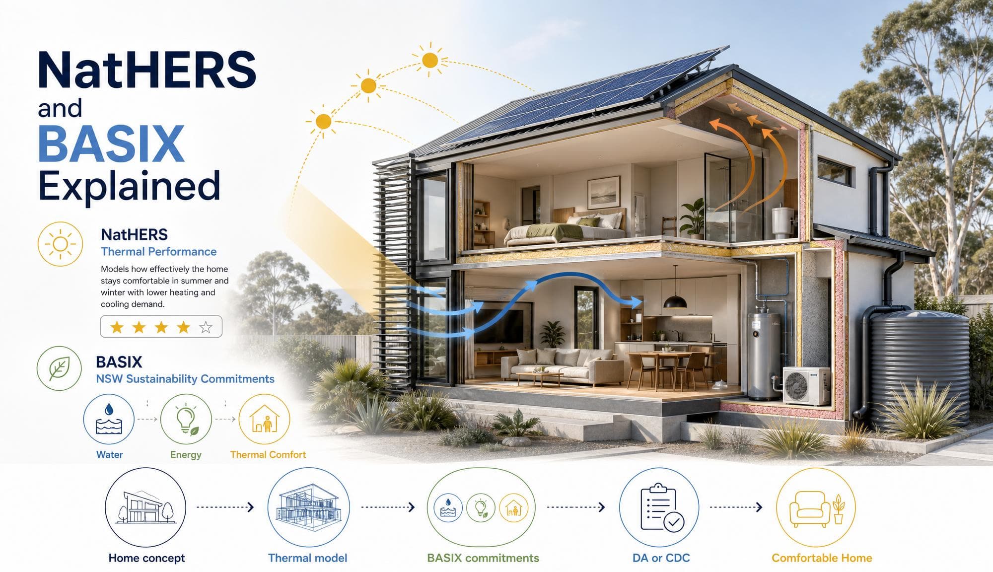 Infographic titled 'NatHERS and BASIX Explained' — a cutaway rendering of a modern two-storey Australian home showing rooftop solar panels catching sun-path arcs, insulated wall, roof and floor build-ups, external vertical louvred shading, blue arrows illustrating cross-ventilation through open living areas, a wall-mounted air-conditioning outdoor unit, a slimline rainwater tank and a heat-pump hot-water system. On the left, a NatHERS panel with a 4-star rating icon explains thermal performance and a BASIX leaf badge lists three round icons — water, energy and thermal comfort. Along the bottom a five-step process flows from Home concept to Thermal model, BASIX commitments, DA or CDC and finally a Comfortable Home.