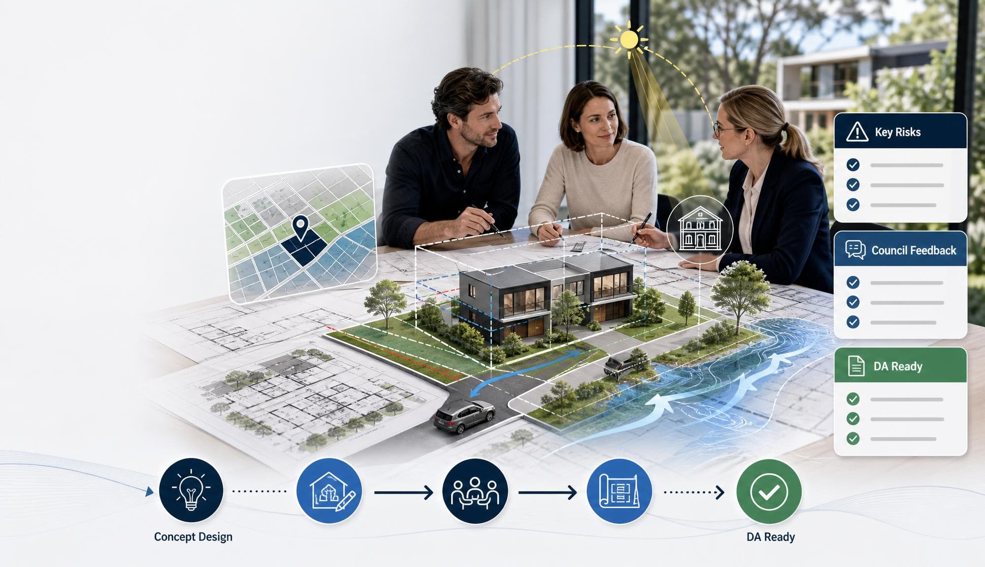 Infographic for a NSW pre-lodgement meeting — three property professionals sit at a table reviewing overlaid architectural site plans and a 3D model of a modern two-storey home. Adjacent floating panels show a zoning map with a location pin, a heritage building icon, sun-path arc, flood overlay with directional arrows and a small streetscape of neighbouring dwellings. On the right, three stacked cards labelled Key Risks, Council Feedback and DA Ready track the pre-DA workflow. Along the bottom, a five-step process flows from Concept Design to a home-design icon, a group-meeting icon, a plans-and-approval icon and a green tick labelled DA Ready.