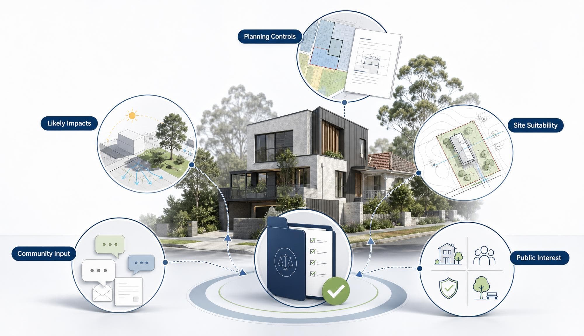 Infographic titled 'Section 4.15 Assessments in NSW' — five circular icons orbit a modern two-storey house on a suburban Sydney street, each representing one of the five matters a NSW consent authority must consider under Section 4.15 of the EP&A Act: Planning Controls (zoning map and DCP page), Likely Impacts (shadow diagram with arrows), Site Suitability (site plan with contours and trees), Community Input (submission letters and speech bubbles), and Public Interest (housing, community, safety and environment icons). All five feed into a central navy folder marked with a scales-of-justice icon and a green tick — the council's assessment report.