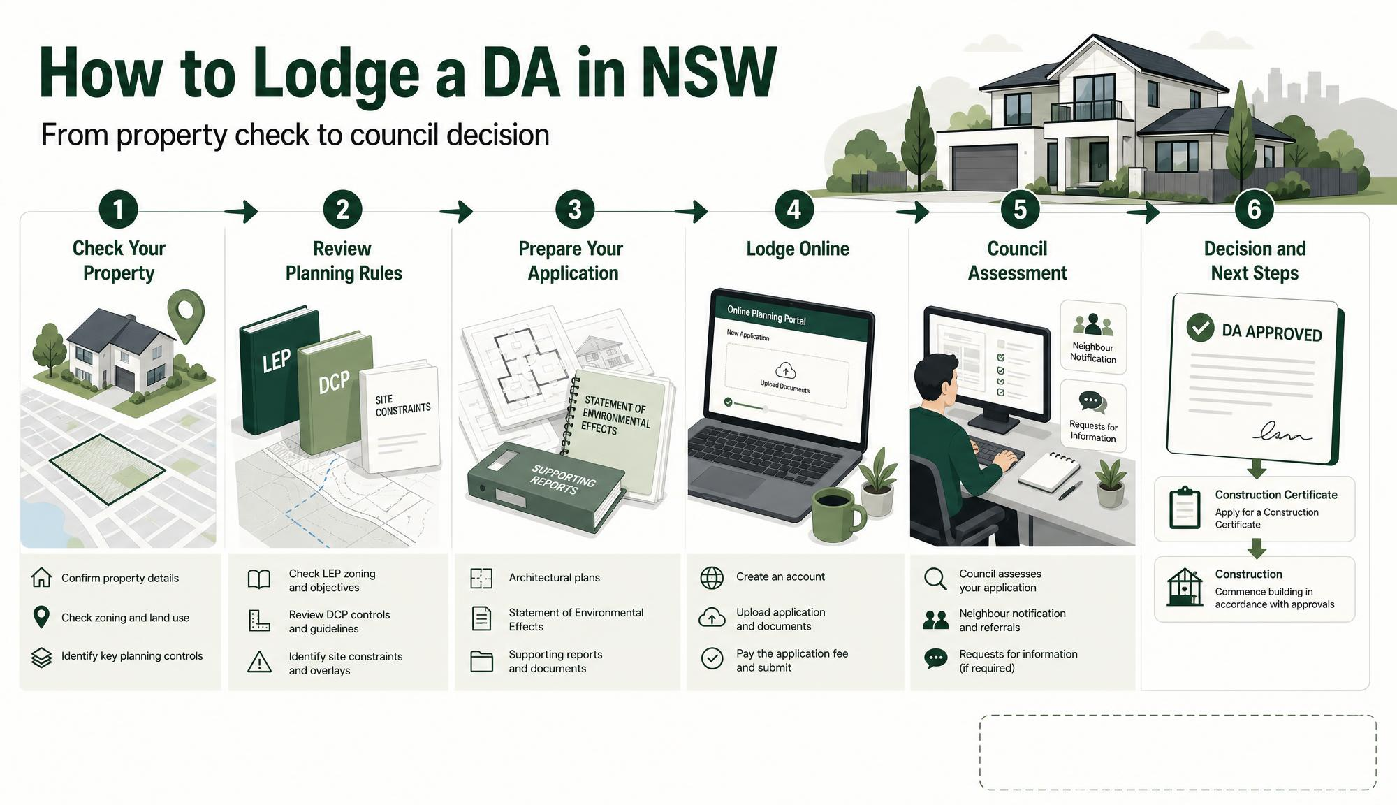 Six-step infographic showing the NSW DA process: check your property, review planning rules, prepare your application, lodge online, council assessment, decision and next steps.